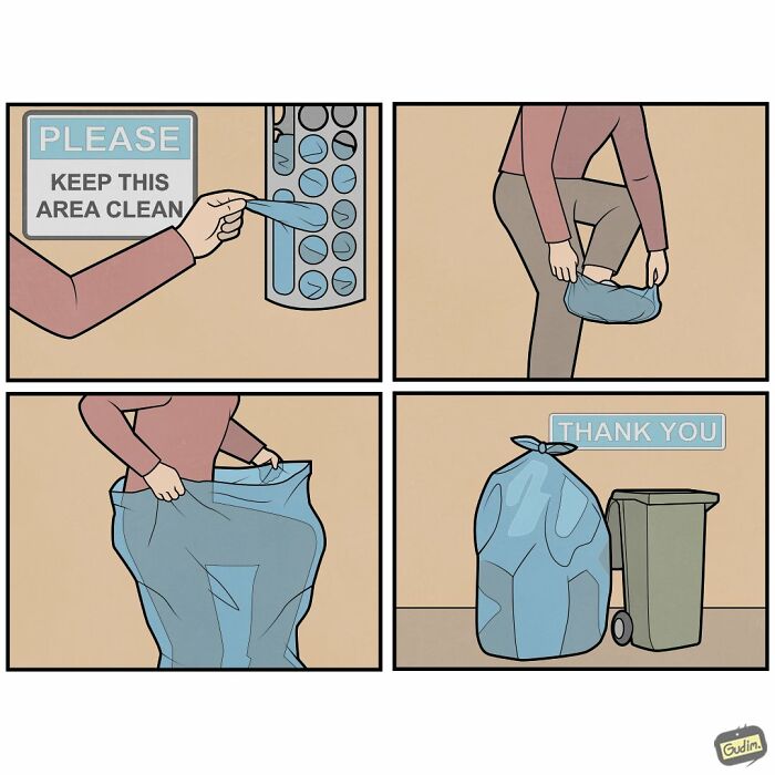 Anton Gudim comic: A person turning themselves into a trash bag to keep an area clean. Social commentary comics.