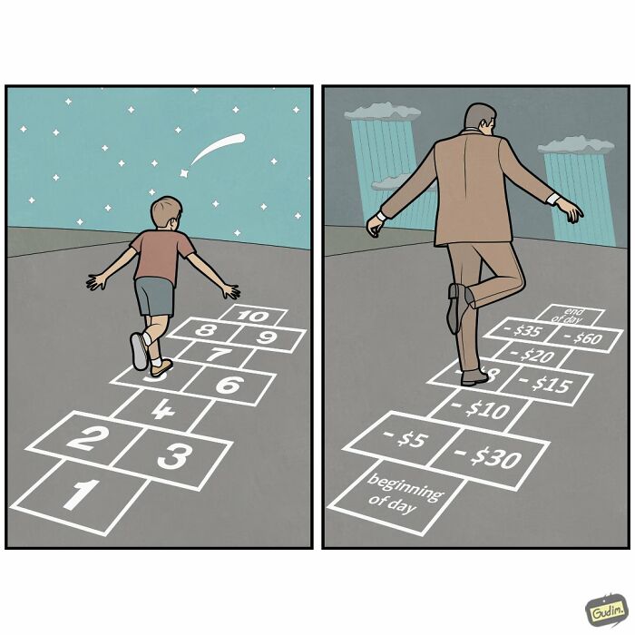 Anton Gudim comic: A boy playing hopscotch transforms into a man playing a money-themed hopscotch. Absurd comics.
