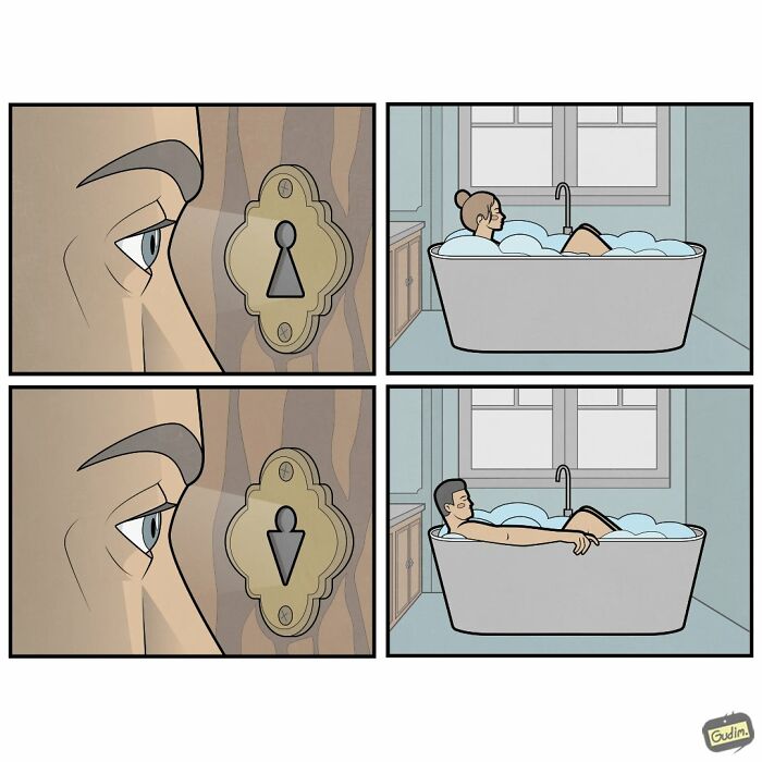 Anton Gudim comic: Person peeking through a keyhole to see themselves in a bathtub. Hilariously absurd comics.