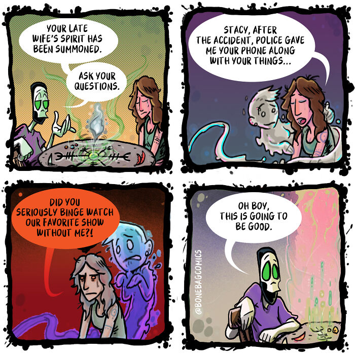 A necromancer and his assistant summon a ghost during their absurd daily life comics.