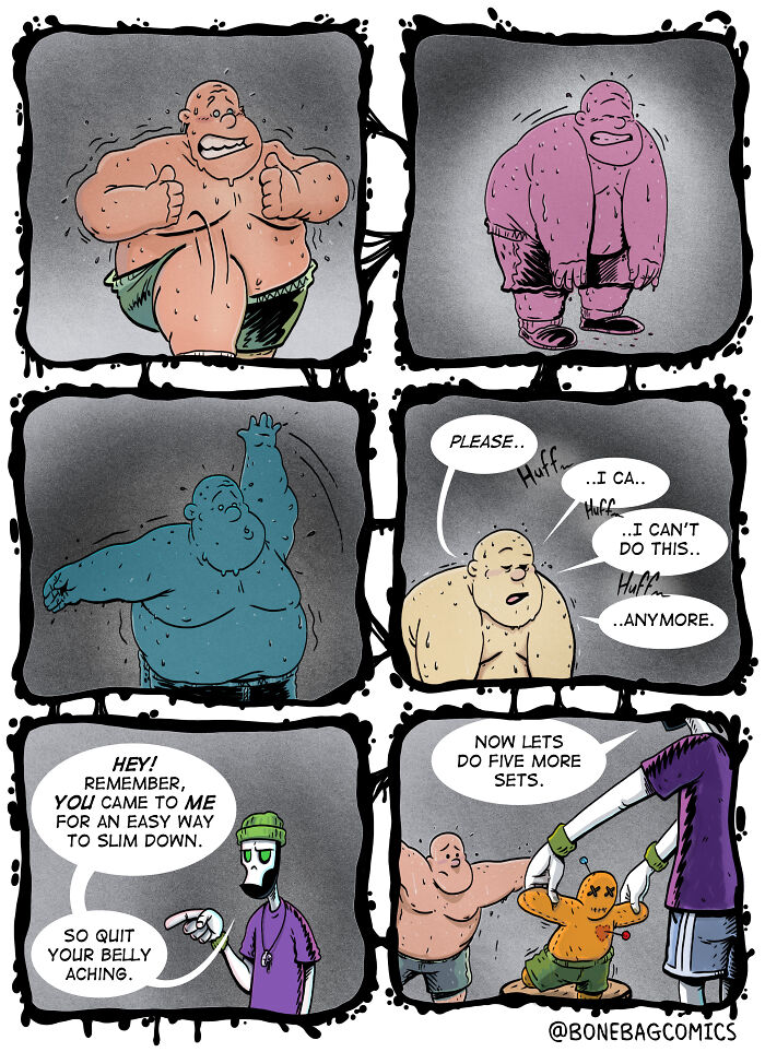 A necromancer and his assistant trying to slim down through absurd daily life exercise comics.