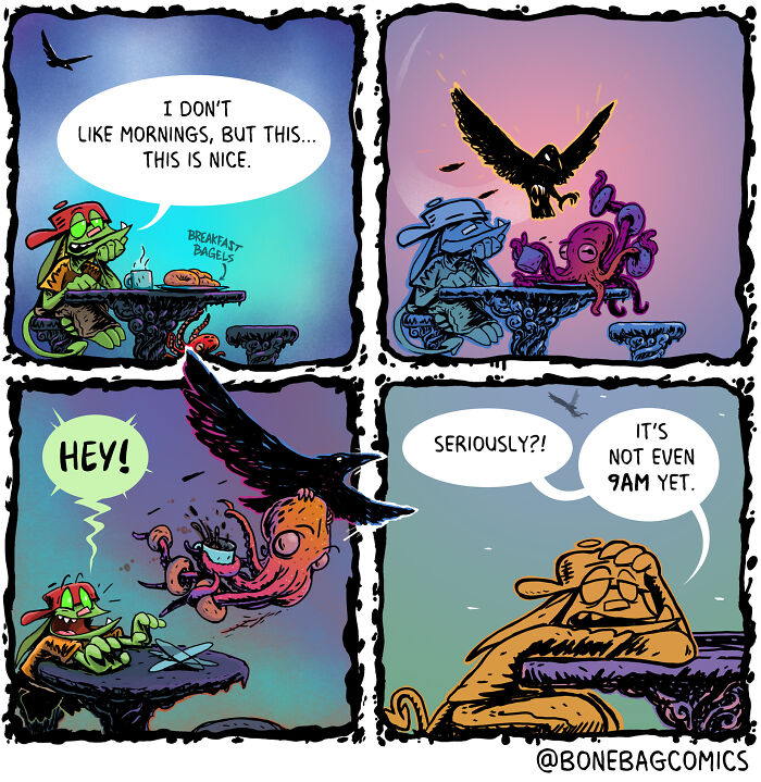 Absurd daily life of a necromancer and his assistant having a relaxing morning, interrupted by a bird.