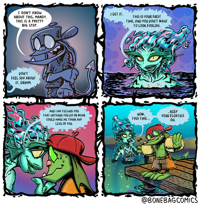 Absurd daily life of a necromancer assistant learning to swim, with his necromancer friend.