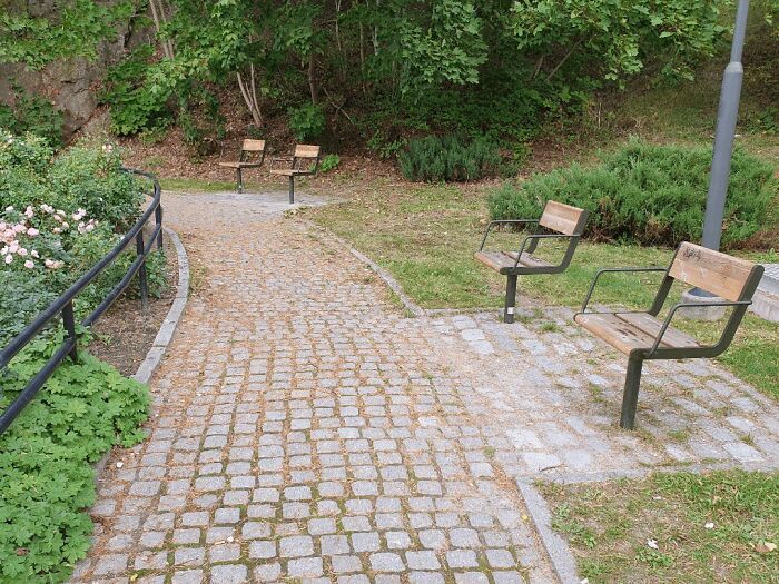 Several sparsely placed benches along a paved path in a park, illustrating urban designers neglecting comfort.