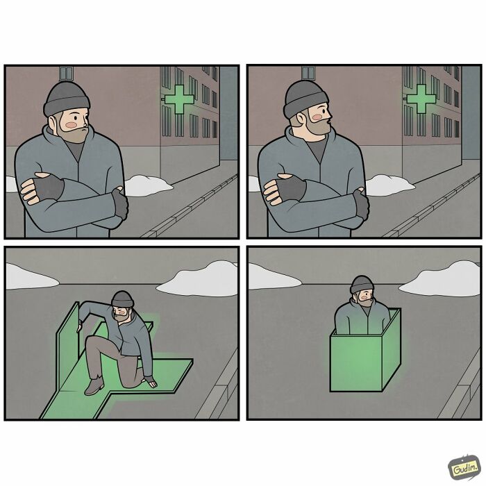 Anton Gudim's hilariously absurd comics showing a man transforming a green cross into a shelter, commenting on today's society.