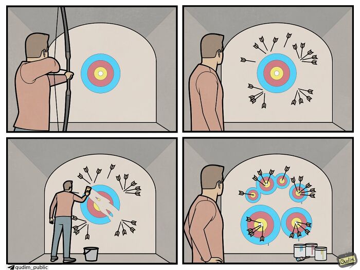 Hilariously absurd comics by Anton Gudim depicting an archer creatively hitting targets, commenting on today's society.