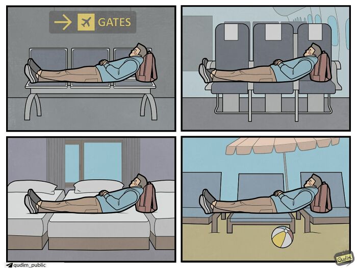 Hilariously absurd comics by Anton Gudim showing a man sleeping in different locations, commenting on today's society.