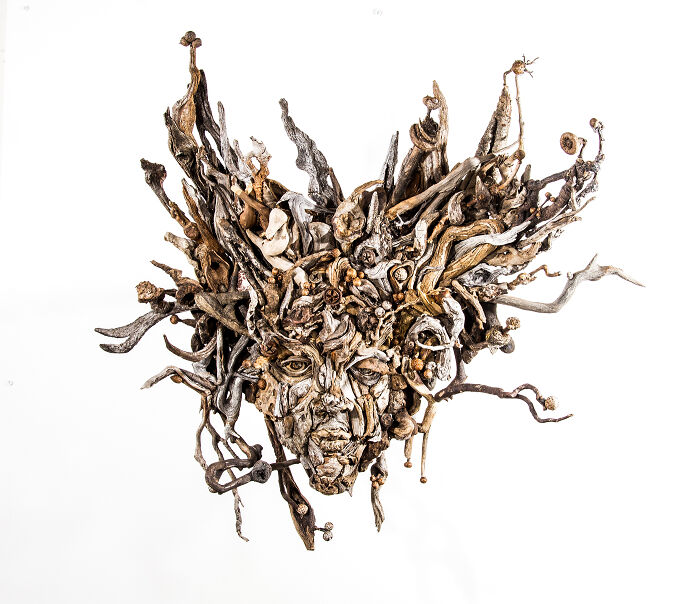 An elaborate wood sculpture of a whimsical face, made entirely from diverse pieces of wood and natural elements.