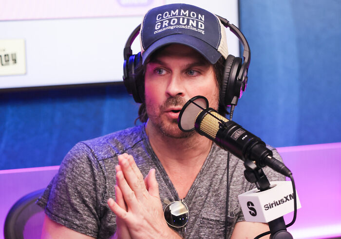 Teen heartthrob, Ian Somerhalder, speaking into a microphone with headphones, after he quit Hollywood.