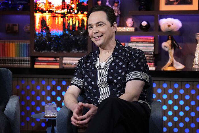 The Big Bang Theory star, Jim Parsons, smiling in a talk show for a new spin-off. The Big Bang Theory star, Jim Parsons, smiling in a talk show for a new spin-off.