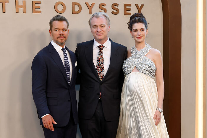 Christopher Nolan, Matt Damon, and Anne Hathaway posing together. Christopher Nolan's bizarre rules spark backlash. Christopher Nolan, Matt Damon, and Anne Hathaway posing together. Christopher Nolan's bizarre rules spark backlash.