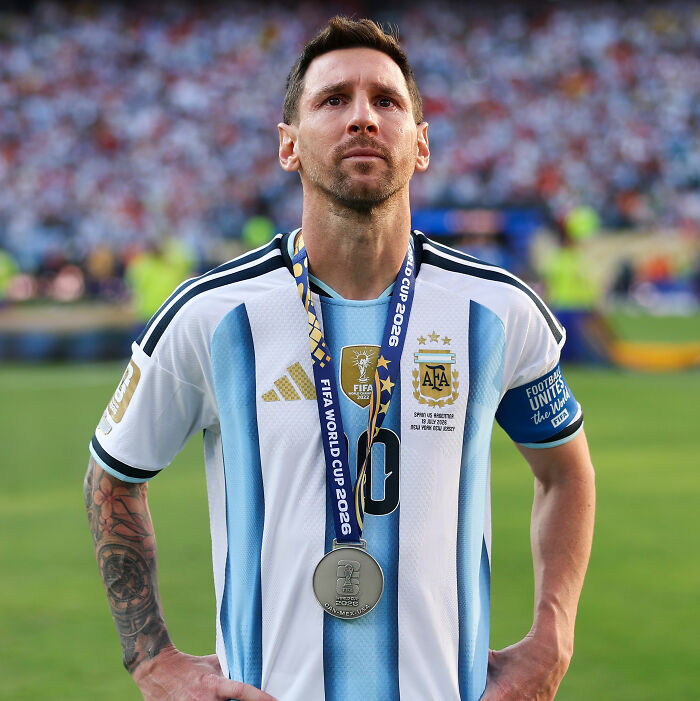Lionel Messi in his Argentina World Cup jersey with a medal, breaking silence on Argentina's World Cup loss. Lionel Messi in his Argentina World Cup jersey with a medal, breaking silence on Argentina's World Cup loss.