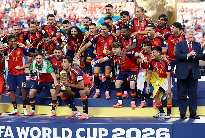 Donald Trump at FIFA World Cup Final in New York with the winning team and trophy. Donald Trump at FIFA World Cup Final in New York with the winning team and trophy.