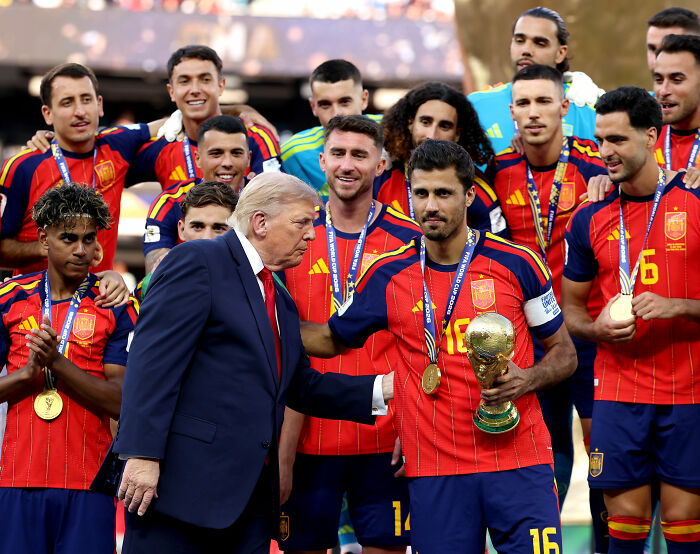 Donald Trump with the Spanish National Team during their World Cup celebration. Donald Trump with the Spanish National Team during their World Cup celebration.