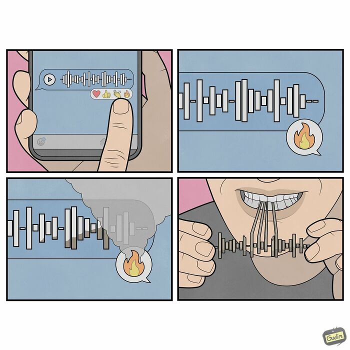 Absurd comic by Anton Gudim depicting a voice message turning into spaghetti eaten by a person.