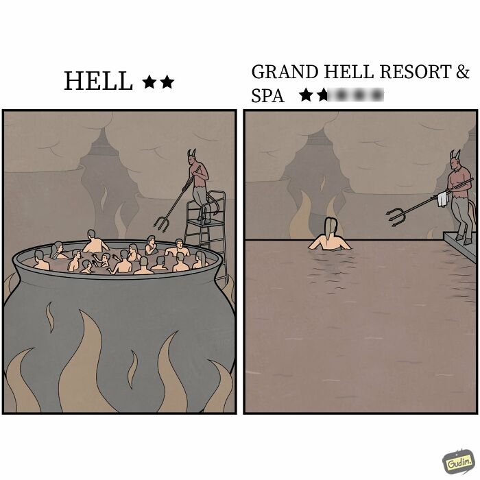Absurd comic by Anton Gudim illustrating hell with a pot of people versus a spacious hell resort & spa.