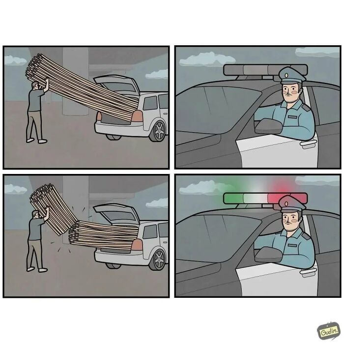 Absurd comic by Anton Gudim showing a man loading spaghetti into a car, stopped by a police car with Italian lights.