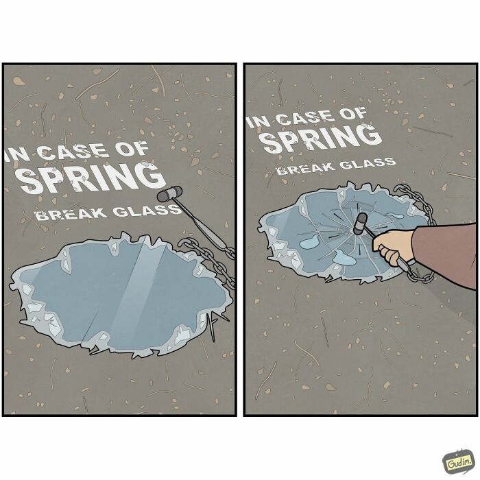 Anton Gudim comic: IN CASE OF SPRING, BREAK GLASS, humorously depicting breaking a glass pane on asphalt.