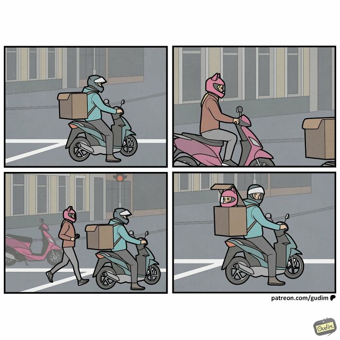 Anton Gudim comic: A delivery person exchanges their moped for a box on another driver's moped. Absurd comics.