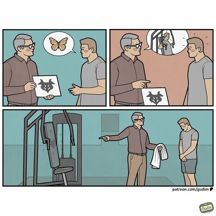Absurd comic by Anton Gudim showing a therapist interpreting a Rorschach test as a gym machine, shaming a man.