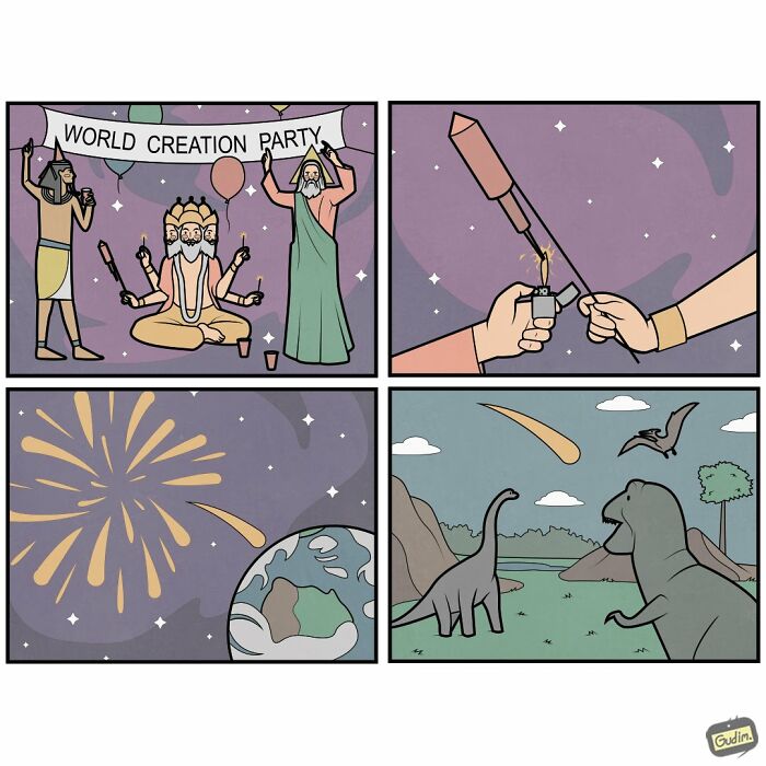 Absurd comic by Anton Gudim depicting gods creating the world and dinosaurs with a firework, leading to their extinction.