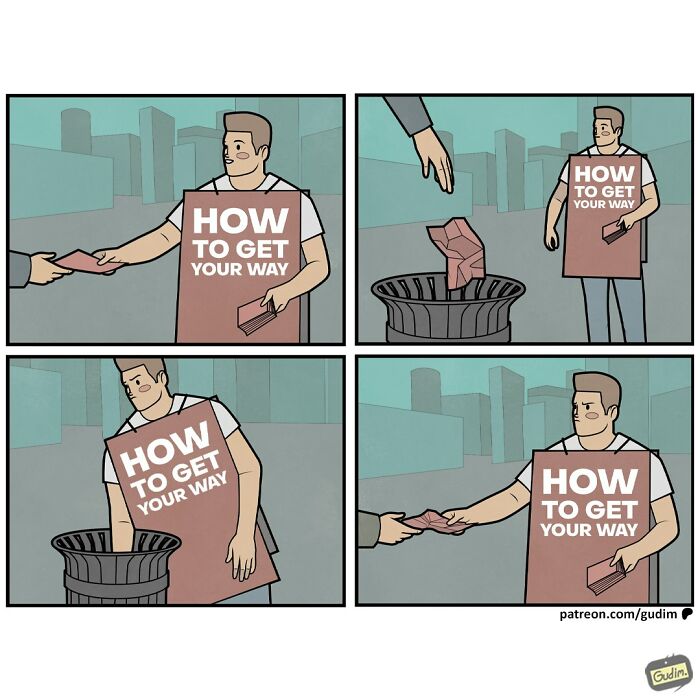 Absurd comic by Anton Gudim showing a man trying to get his way by repeatedly offering a book he rejects.