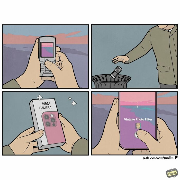 Absurd comic by Anton Gudim illustrating modern society's obsession with vintage filters on advanced cameras.