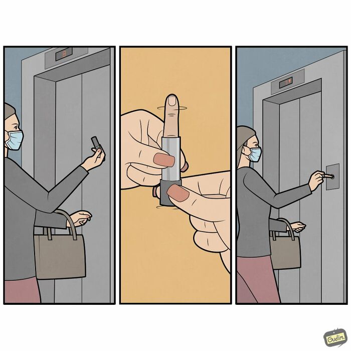 Hilariously absurd comic by Anton Gudim showing a person using lipstick to press an elevator button.