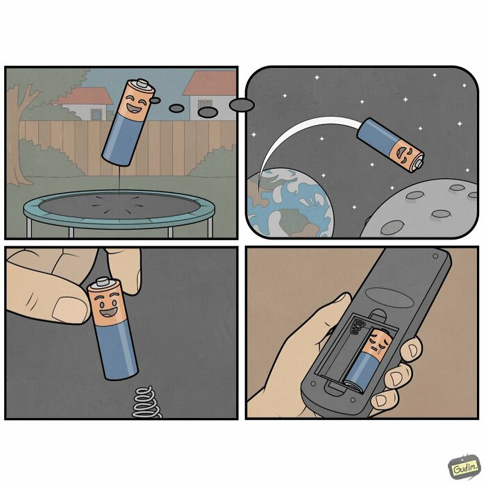 Hilariously absurd comic by Anton Gudim showing a battery on a trampoline, bouncing into space, and then d**d in a remote.