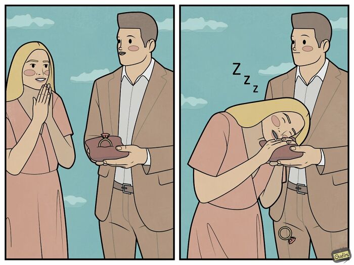 Hilariously absurd comic by Anton Gudim showing a woman falling asleep while being proposed to with a ring.