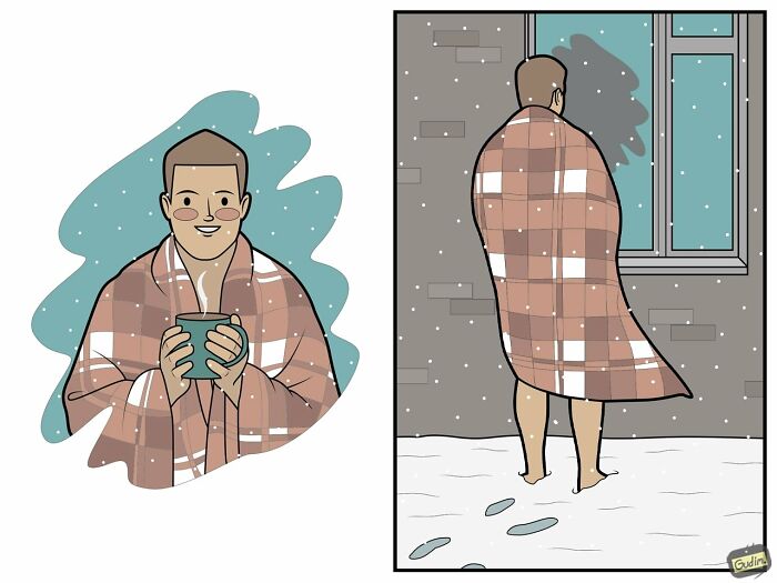 Hilariously absurd comic by Anton Gudim contrasting cozy indoors with a person barefoot in snow.