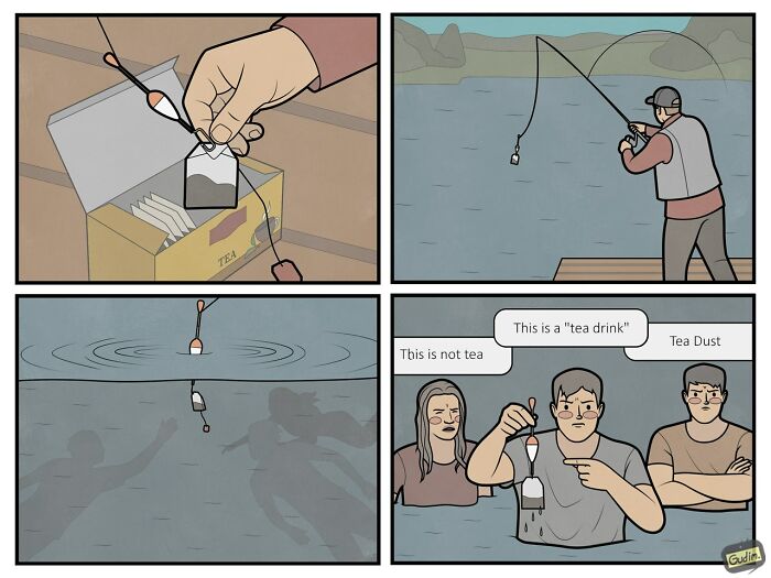 Hilariously absurd comic by Anton Gudim showing a person fishing with a tea bag and finding mermaids.