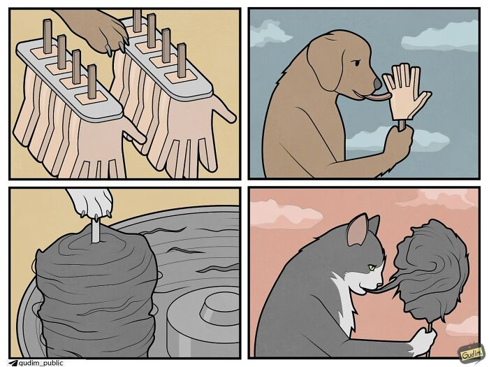 Absurd comic by Anton Gudim showing a dog licking a hand-shaped popsicle and a cat eating cotton candy, commenting on society.