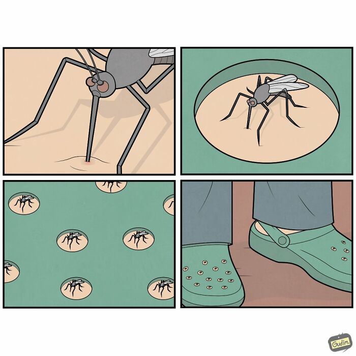Absurd comic by Anton Gudim showing mosquitoes attacking a person, then getting trapped in Crocs, commenting on society.