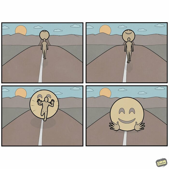 Absurd comic by Anton Gudim showing a person on a road, transforming into a giant smiling emoji, commenting on society.