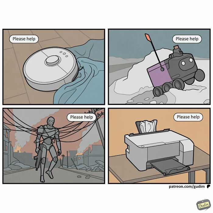 Absurd comic by Anton Gudim with four panels of broken technology asking for help, commenting on today's society.