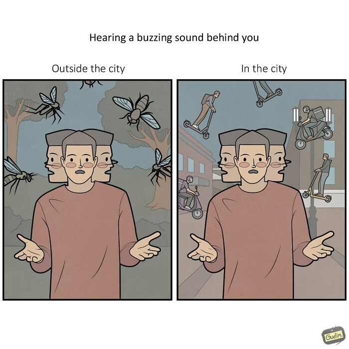 Absurd comic by Anton Gudim contrasting buzzing sounds outside the city (insects) vs. in the city (scooters).