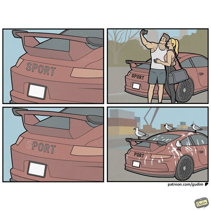 A comic by Anton Gudim showing a couple taking a selfie with a sports car, which then has the 'S' and 'P' in 'SPORT' covered by bird p**p.