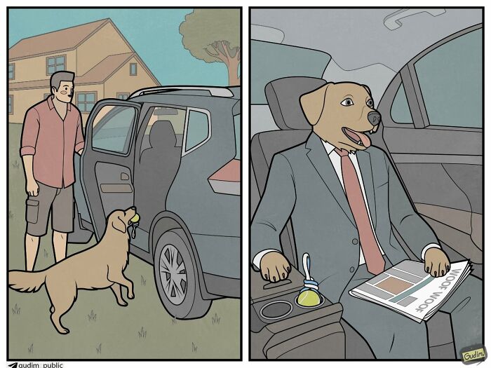 An absurd comic by Anton Gudim depicting a man opening a car door for his dog, who then appears dressed in a suit inside the car reading a 'Woof Woof' newspaper.