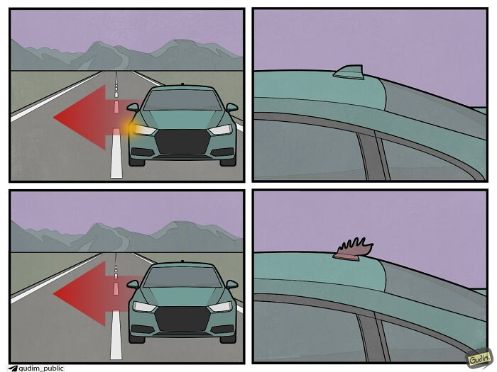 A hilariously absurd comic by Anton Gudim showing a car's shark fin antenna transforming into a rooster comb when the turn signal is on.