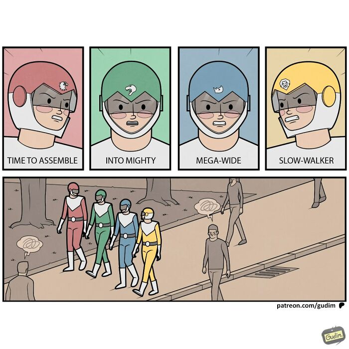 Absurd comic by Anton Gudim showing Power Rangers assembling as slow-walkers.