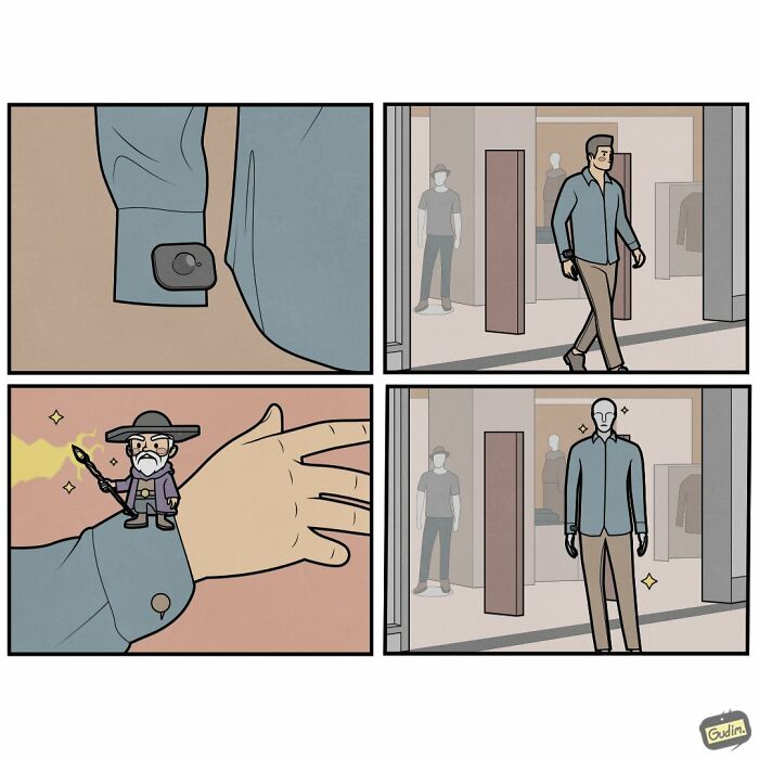 Absurd comic by Anton Gudim illustrating a magical cufflink on a man's shirt, reflecting society's whims.