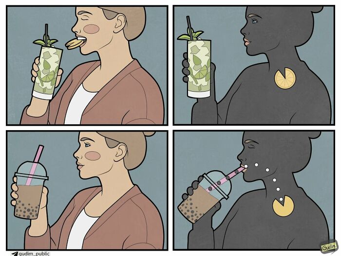 Absurd comic by Anton Gudim showing drinks with consequences.