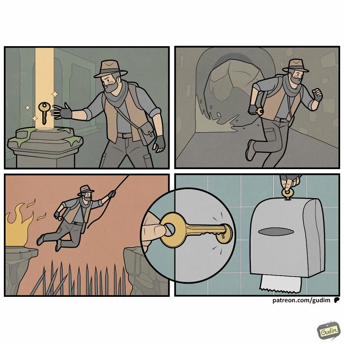 Absurd comic by Anton Gudim showing an adventurer going to great lengths for a key to a toilet paper dispenser.