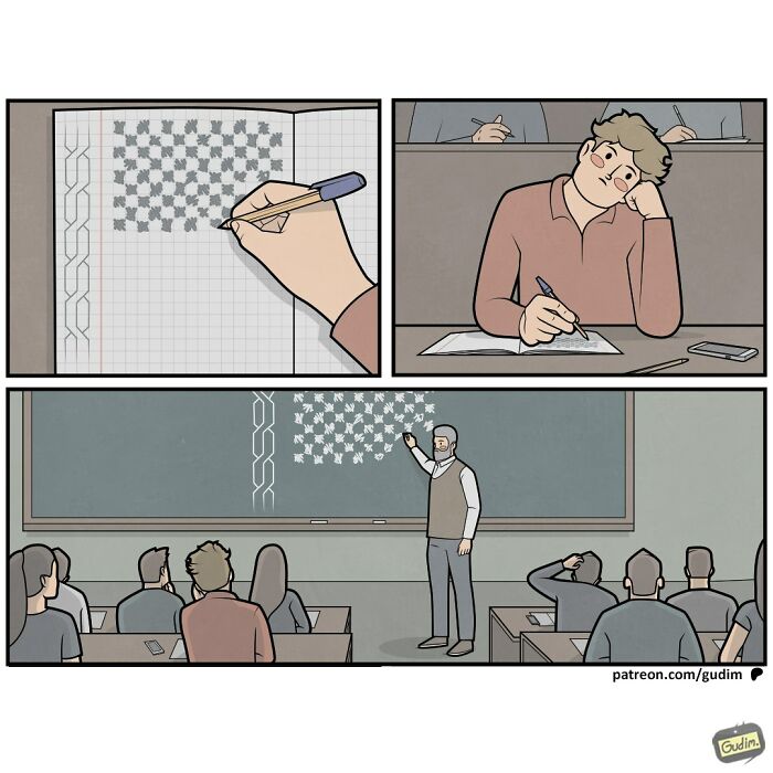 An absurd comic by Anton Gudim showing a student cheating by drawing the answers on their paper.