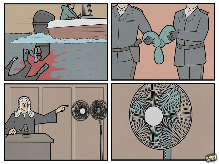 A comic by Anton Gudim showing a boat propeller causing injury, then appearing as evidence in court as a fan.