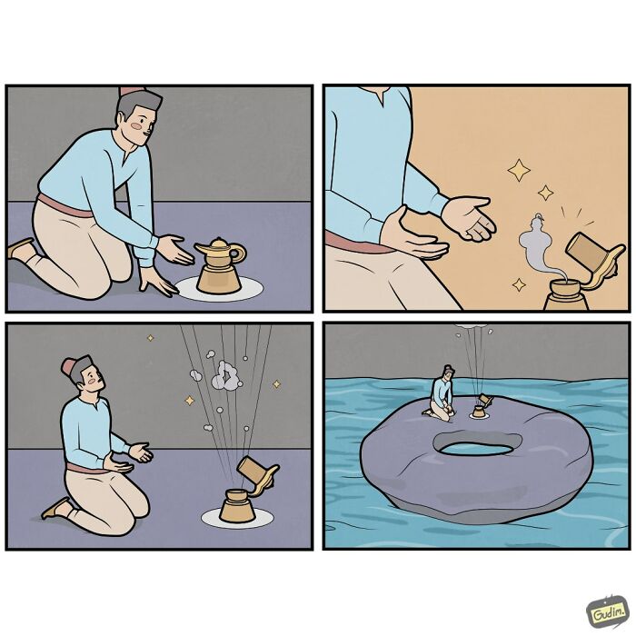 Absurd comic by Anton Gudim showing a man finding a lamp that grants a large floating donut.