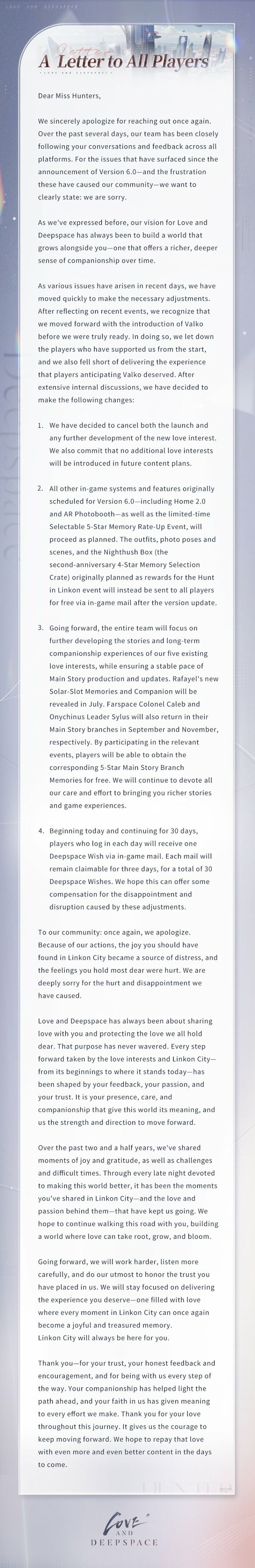 A letter to all players about the new love interest cancellation in Love and Deepspace, the Chinese RPG. A letter to all players about the new love interest cancellation in Love and Deepspace, the Chinese RPG.