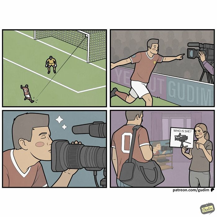 Absurd comic by Anton Gudim showing a soccer player getting a camera, then filming at home for his partner.
