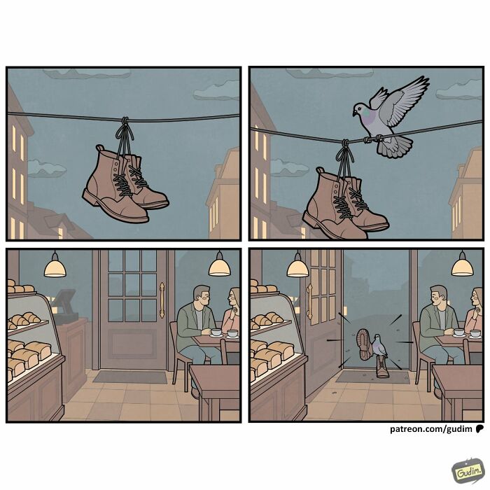 Absurd comic by Anton Gudim showing shoes on a wire, then a pigeon dropping them into a cafe.